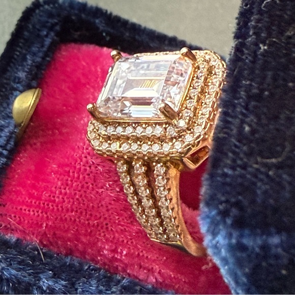 Emerald cut sim diamond with double halo triple shank 925 rose gold setting